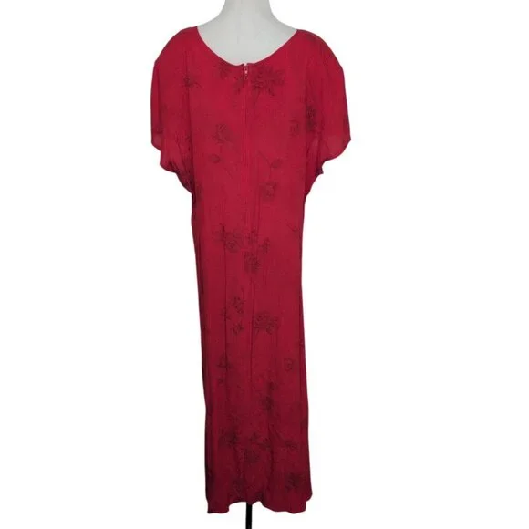 Vintage Sunshine Starshine Floral Rose Maxi Shirt Dress Womens Size 18 Red Rayon - Picture 9 of 11